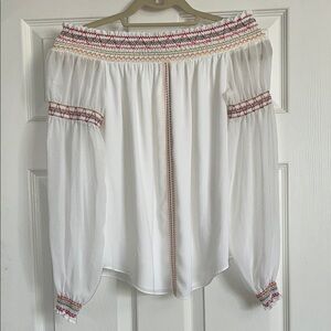 White House Black Market Off-Shoulder Blouse with Colorful embroidered Smocking